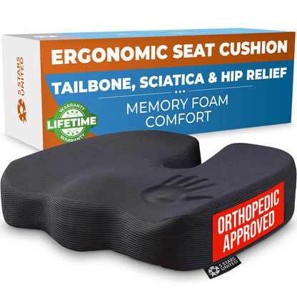 5 STARS UNITED Seat Cushion for Tailbone Pain Relief – Memory Foam Lifting Pillow for Coccyx, Hip, Hemorrhoid, Sciatica & Post-Surgery Recovery – Wheelchair, Car, Desk, Gaming & Office Chairs, Black