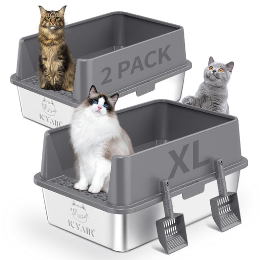 2PACK Stainless Steel Cat Litter Box with High Sides Lid, Extra Large XL Litter Box for Big Cats, Metal Kitty Litter Boxes with Anti-Leakage Enclosure,Non-Stick,Odorless,Scoop Included