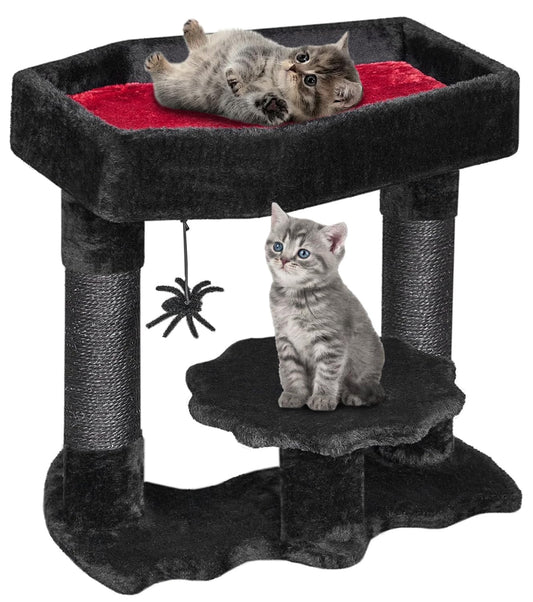 BEWISHOME Cat Tree Tower for Indoor Gothic Cat Trees with Coffin Bed, Halloween Cat House with Scratching Posts, Cat Shelves with Spider Toy, Spooky Coffin Black with Red, Small MMJ91R