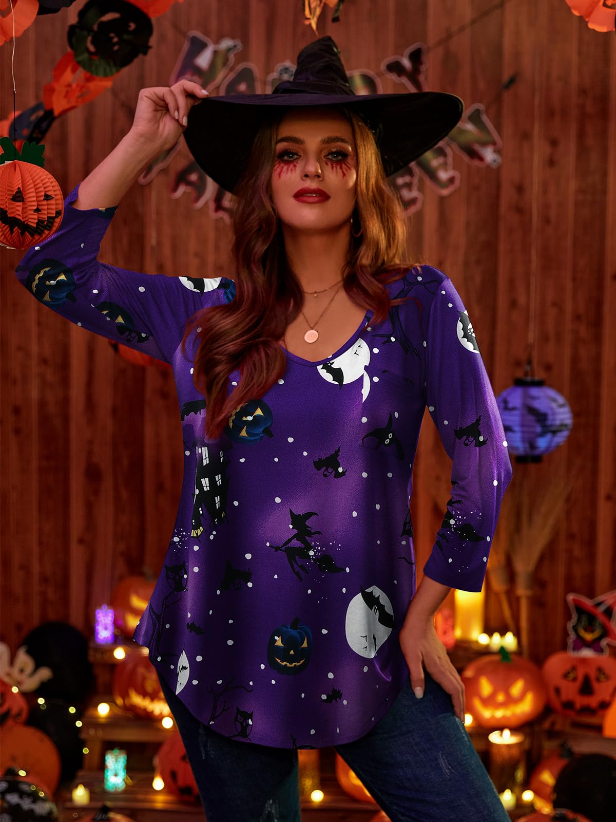 BELAROI Womens Plus Size Halloween Shirts 3/4 Sleeve V Neck Tunic Tops Basic Tee Loose Pumpkin, Witch, Horror, Pattern Print Blouses with Pocket(4X,Flower61)