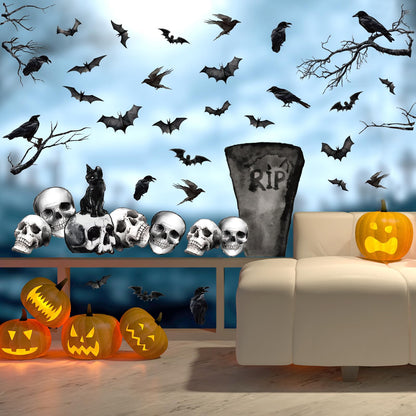 Whaline 6 Sheets Halloween Window Clings Graveyard Black Crow Bat Skull Reusable Window Decals for Gothic Party House Office School Home Glass Decor