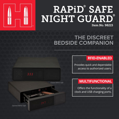 Hornady Rapid Safe Night Guard – Nightstand Gun Safe with RFID Reader, Clock, USB Ports – RFID Safe for Fast, Multiple Method Entry – Includes Rapid Safe, 3 Methods of Entry and Security Cable