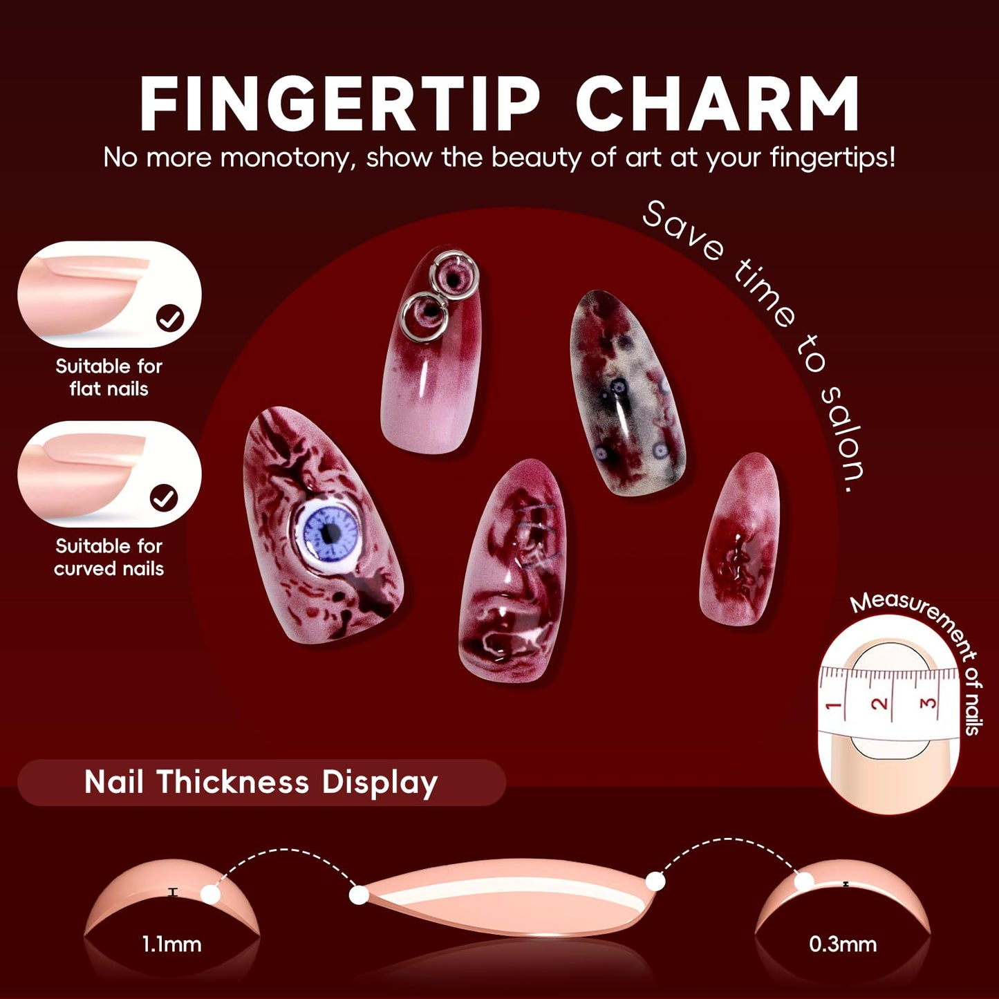 HOSAILY Halloween Press on Nails Short Almond Fake Nails 3D Blood Stain Eyeball Scar Horror Design Gothic False Nails for Party Cosplay Spooky Season Manicure, 30pcs Full Cover Glue on Nail for Women
