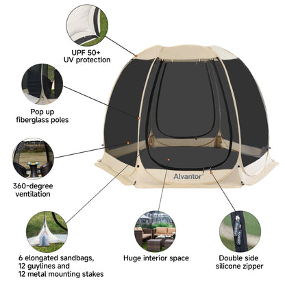 Alvantor Screen House Room Camping Tent Outdoor Canopy Pop Up Sun Shade Hexagon Shelter Mesh Walls Not Waterproof 10'x10' Beige Patent Pending