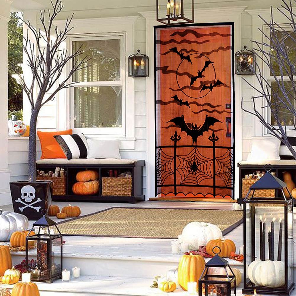 AerWo Halloween Curtains, 2PCS Spider Web Bats Curtains, Black Lace Door Curtain Panel Decor for Halloween Window Decorations, 40 x 84 Inch