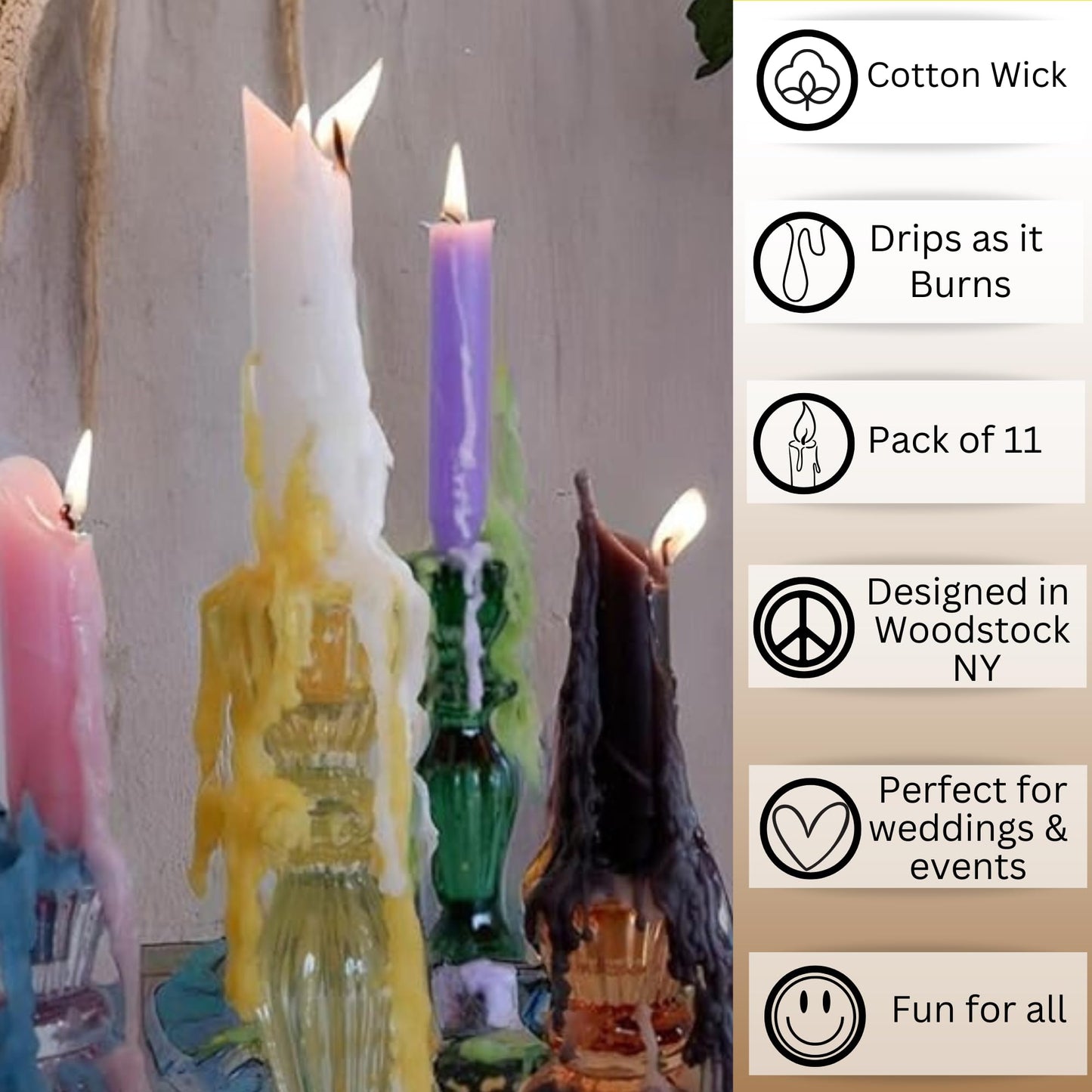Candlestock Hippie Drippy Drip Candles - Pack of 11 Dripping Taper Candles - Wine Bottle Melting Candles (1 of Each Color)