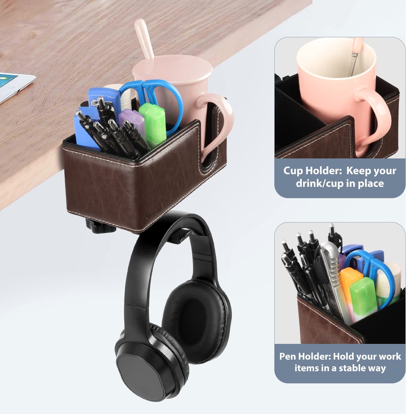 Aurynns Desk Cup Holder Clip on Pen Holder Headphone Hanger Headset Stand Rotatable Clamp Hook Under Desk (Brown)