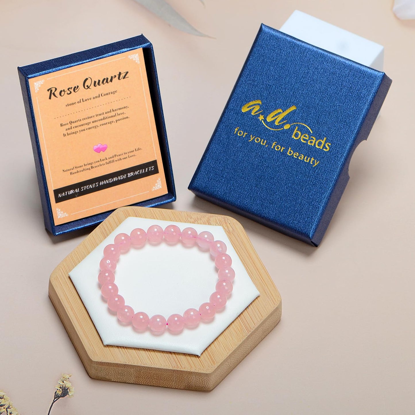 AD Beads Handmade Gemstone Stretch Elastic Bracelet Crystal Healing Reiki Nature's Beauty and Spiritual Essence Unisex (4mm, Rose Quartz)