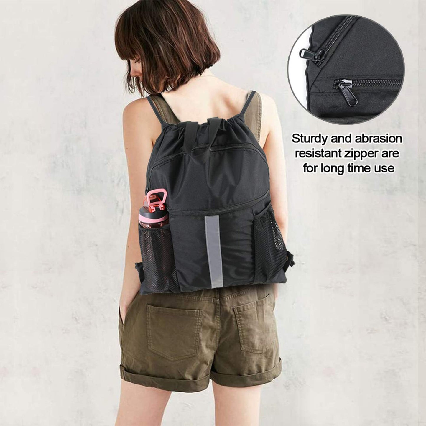 BeeGreen Drawstring Backpack Bag with Shoe Compartment, X-Large Black Gym Sports String Cinch Backpack, Athletic Sackpack with Front Inside Zipper Pockets