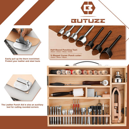 BUTUZE Leather Working Kit, Boxed Leather Tooling Kit, Leather Crafting Tool Kit, Cutting, Punching, Carving, Heavy Duty Leather Sewing Kit Professional Leather Working Tools and Supplies