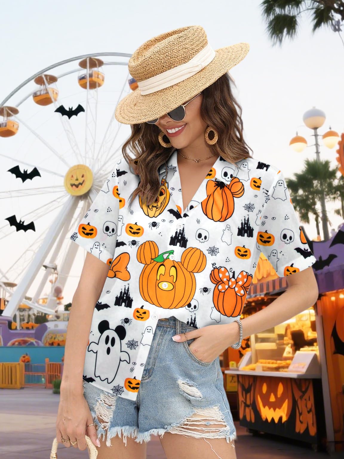 Womens Halloween Hawaiian Shirt Cute Pumpkin Spooky Castle Graphic Tee Magical Halloween Short Sleeve Button Up Tops