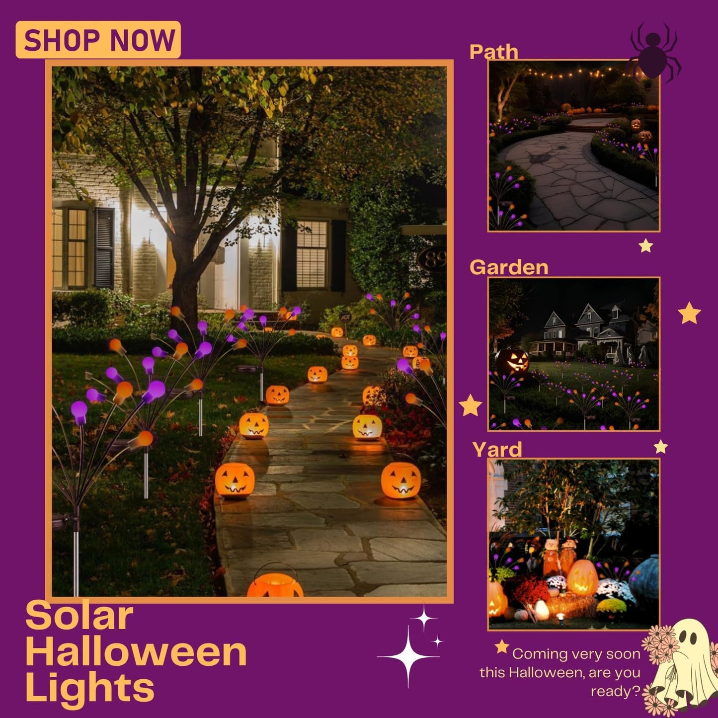 6Pack Total 48 LED Purple and Orange Solar Halloween Lights Outdoor - Solar Firefly Lights Outdoor, Sway by Wind, Waterproof for Garden Patio Pathway Halloween Decorations