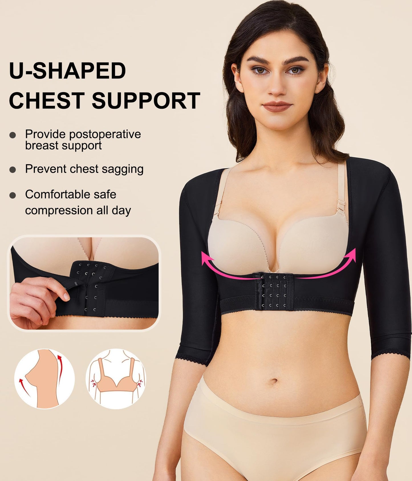 BRABIC Upper Arm Shaper Post Surgical Slimmer Compression Sleeves Posture Corrector Tops Shapewear for Women (Black, L)