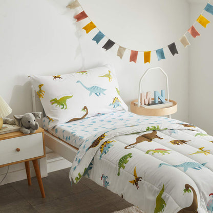 4 Pieces Toddler Bedding Set Dinosaur White with Colorful Dinos and Monsters Toddler Comforter Sheet Set for Autumu and Winter Includes Comforter, Flat Sheet, Fitted Sheet and Pillowcase