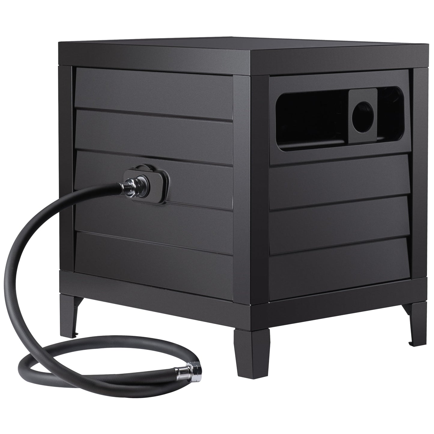 AQUAZILLA Metal Garden Hose Reel Deck box, Durable Steel Garden Hose Storage Box Cabinet, 150ft 5/8" Garden Hose Capacity. - Hose guide Manual Rewind, No-leak aluminum water connections