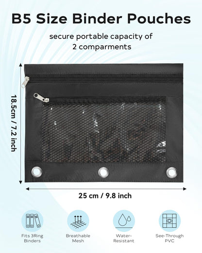 ASBEFORE Pencil Pouch for 3 Ring Binder - 3 Hole Zipper Pen Case Bag Holder Bulk Accessories Clear Window Aesthetic Organizer Pockets (Black, 1)