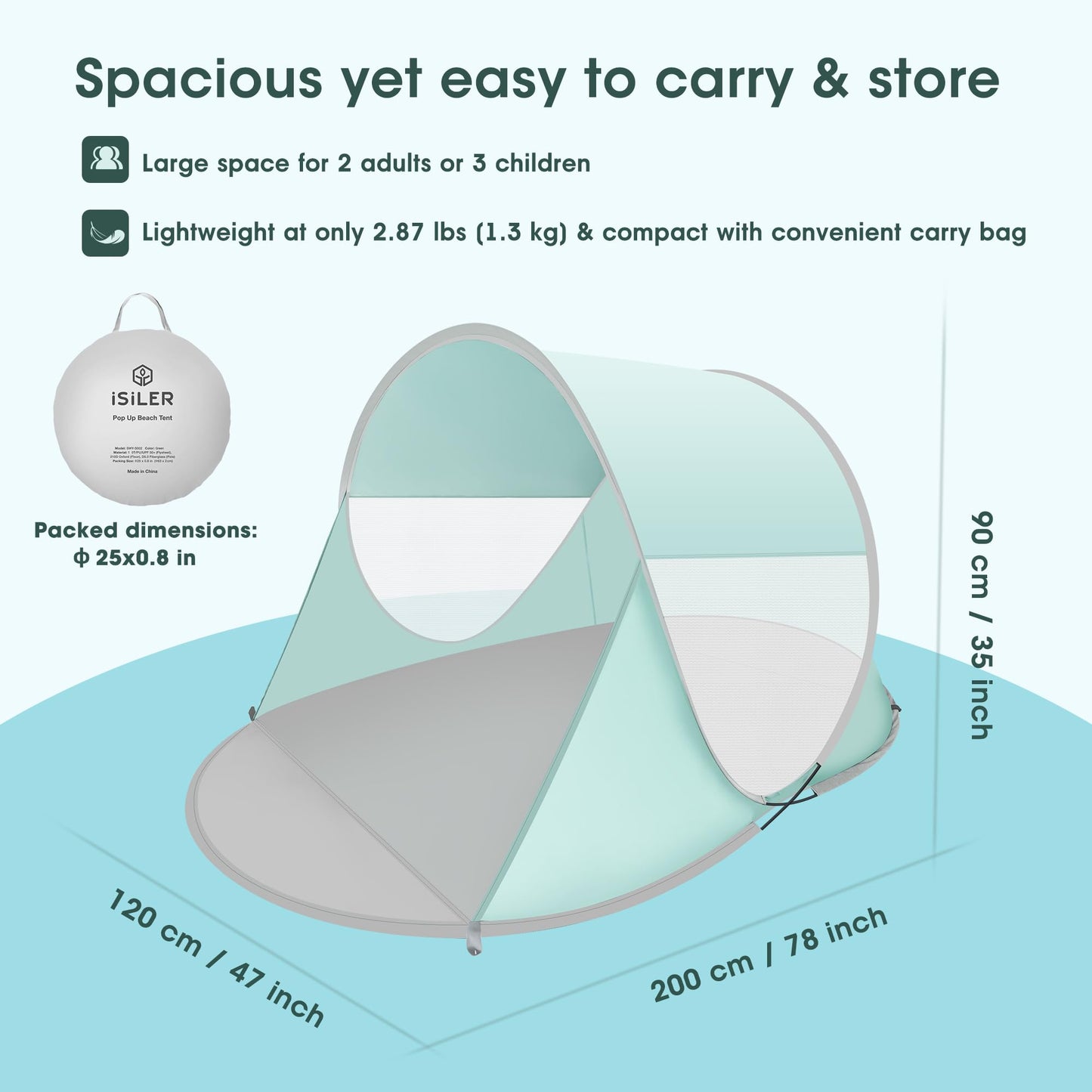 ISILER Pop Up Beach Tent, Portable Outdoor Shade Tent, UPF 50+ Shelter, Easy Setup Windproof Waterproof Canopy