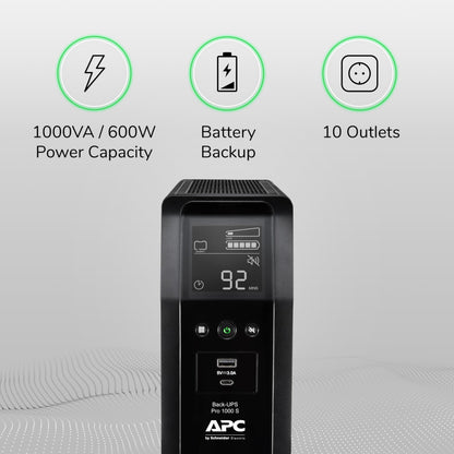 APC UPS 1000VA Sine Wave UPS Battery Backup and Surge Protector, BR1000MS Backup Battery Power Supply with AVR, (2) USB Charger Ports