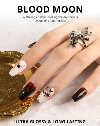 AIRSEE Semi Cured Gel Nail Strips Kit(Blood Moon)-Works with Any UV Nail Lamps Light,Halloween Long Lasting, Easy to Apply & Remove - Includes 20Pcs 2 Prep Pads, Nail File & Wooden Stick