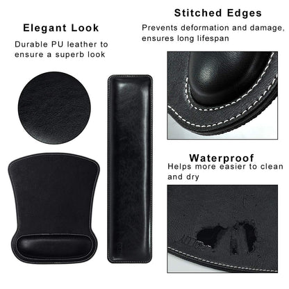 Cacoy Ergonomic PU Leather Keyboard Wrist Rest and Mouse Pad Wrist Support Set Memory Form-Filled and Non-Slip Base Easy-Typing and Pain Relief Wrist Rest for Office Computer Laptop (Black)