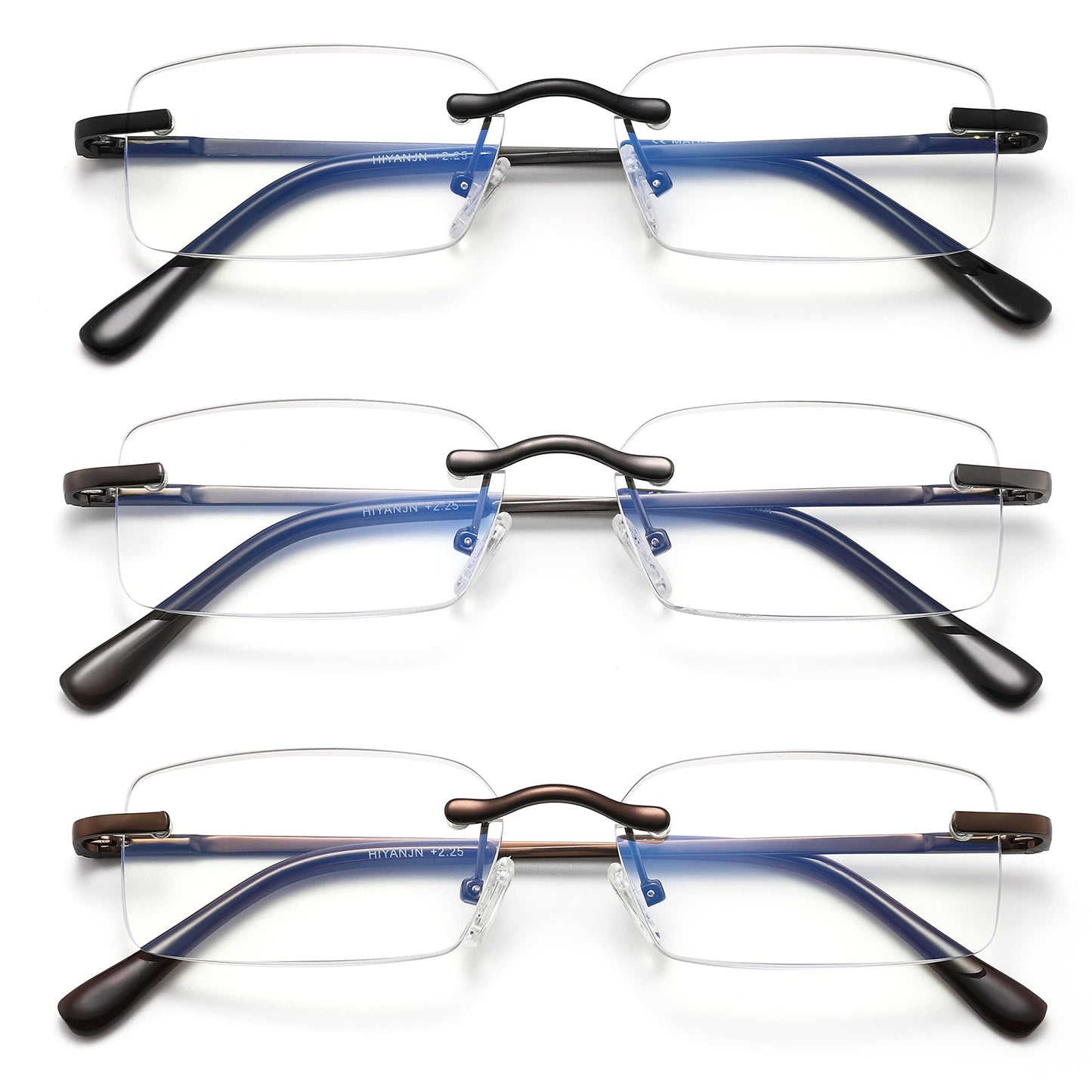 HIYANJN Frameless Reading Glasses Blue Light Blocking Rimless Computer Reader For men Lightweight Eyeglasses(3-Pack,2.25