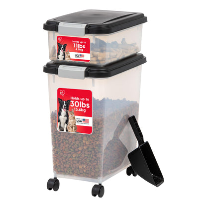IRIS USA Dog Food Storage Container, 30 lbs & 11 lbs Combo, Cat Food Storage Container, Dog Treat Container, Airtight, Stackable, 2-Cup Scoop, Wheels, Easy Mobility, Black