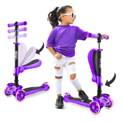 Hurtle Kids Scooter - Child Toddler Kick Scooter Toy with Foldable Seat - 3 Wheel Scooter with Adjustable Height, Anti-Slip Deck, Flashing Wheel Lights, for Boys/Girls 1-12 Year Old, Purple