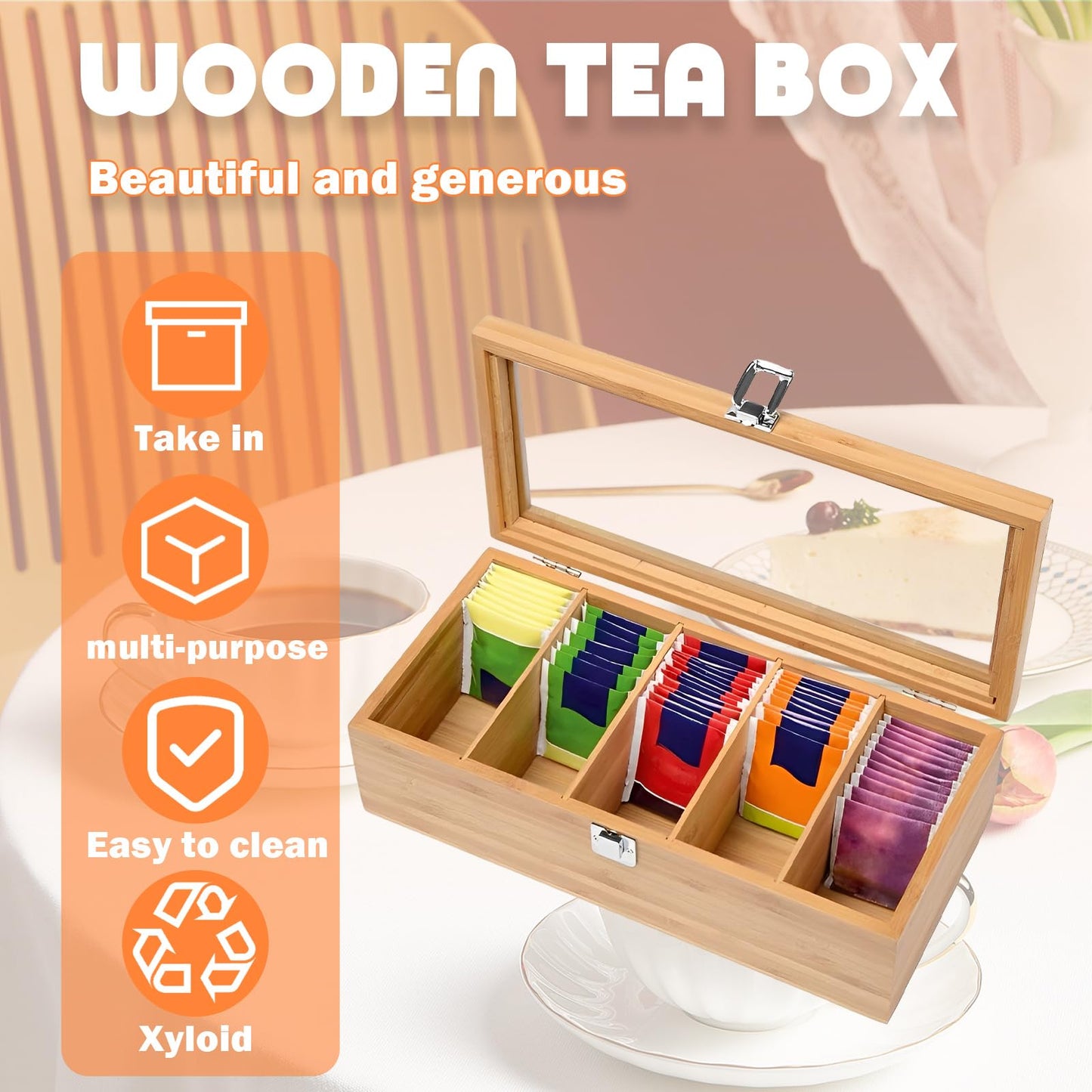 Bamboo Tea Bag Organizer Storage Box, 5 Compartments Bamboo Tea Box, Teabag Box Organizer with Clear Lid, Teabox Station Display, Portable Tea Bag Holder for Home Office Spices