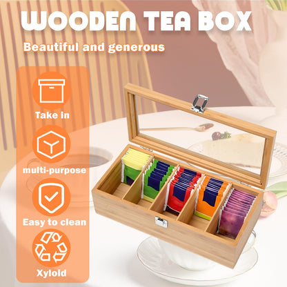 Bamboo Tea Bag Organizer Storage Box, 5 Compartments Bamboo Tea Box, Teabag Box Organizer with Clear Lid, Teabox Station Display, Portable Tea Bag Holder for Home Office Spices