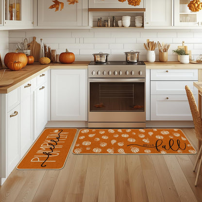 Artoid Mode Orange Hello Pumpkin Fall Kitchen Mats Set of 2, Autumn Home Decor Low-Profile Kitchen Rugs for Floor - 17x29 and 17x47 Inch