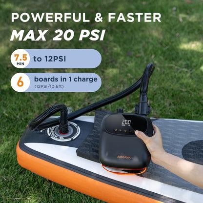 AIRBANK Paddle Board Pump Electric 20PSI The Puffer Pro, Portable SUP Pump, Dual-Stage Inflation & Auto-Off Air Pump for Stand up Paddle Boards, Kayak, Inflatables, Boats, Tent, Mattress, Kite Wings