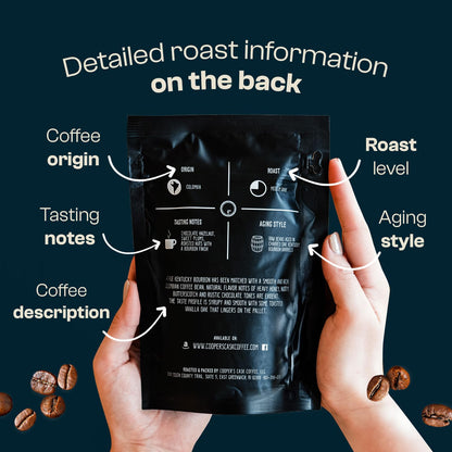 Bourbon & Whiskey Barrel Aged Coffee Box Set - 4-Bag Roasted Coffee Sampler- Bourbon Colombian, Malt Whiskey Sumatra, Rye Whiskey Ethiopian, Rum Barrel Rwanda, (Whole Bean, 4 Ounce (Pack of 4))