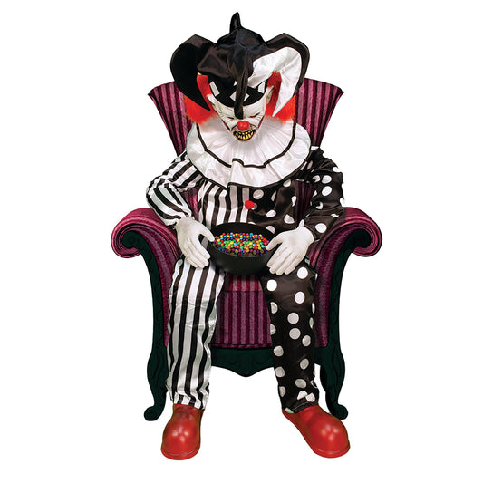 Haunted Hill Farm Hartley The Sitting Scare Clown by Tekky, Motion-Activated Talking Jump-Scare Halloween Animatronic for Halloween Party Prank Decoration, Plug-in or Battery Operated Halloween Props