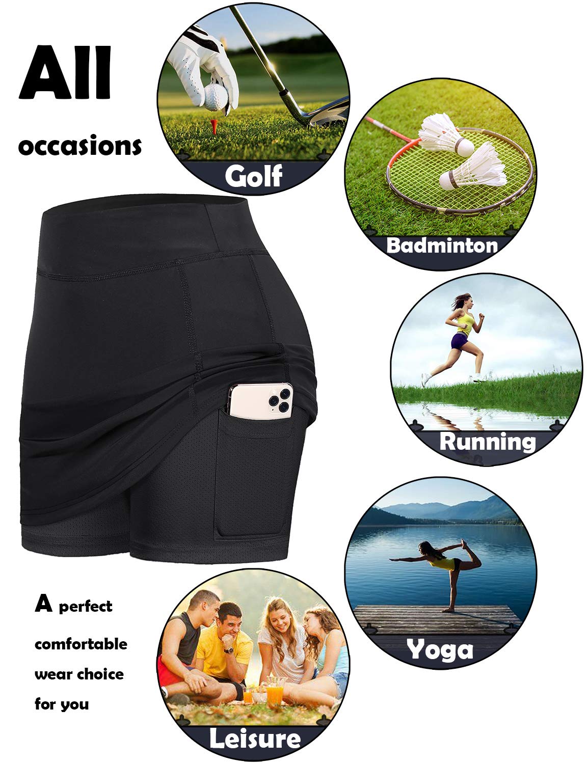 BLEVONH Womens Summer Tennis Skirts with Shorts Underneath, Pickleball, Athletic, Workout and Golf Skorts with Pockets Black Large