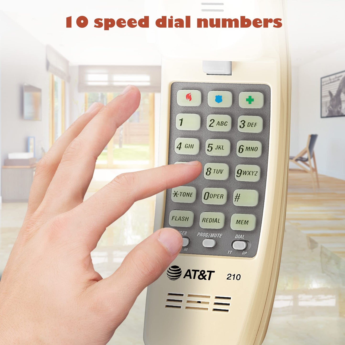 AT&T TRIMLINE 210 Corded Home Phone, No AC Power Required, Improved Easy-Wall-Mount, Lighted Big Button Keypad, 13 SpeedDial Keys, Last Number Redial, Mute, Flash, Volume Control, Beige