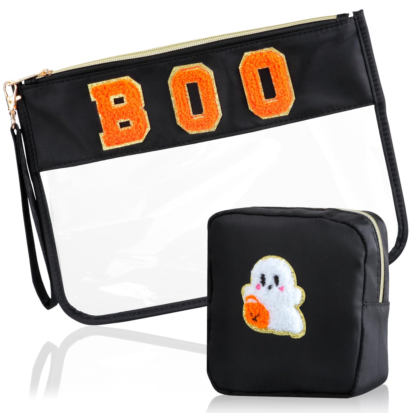 BuyCard 2 Pcs Halloween Gifts Cosmetic Makeup Bag with Boo Chenille Letter Patch, Clear Pouch PVC Organizer Purse, Waterproof Travel Bag, Portable Toiletry Storage Bag for Her Girls Friends Women