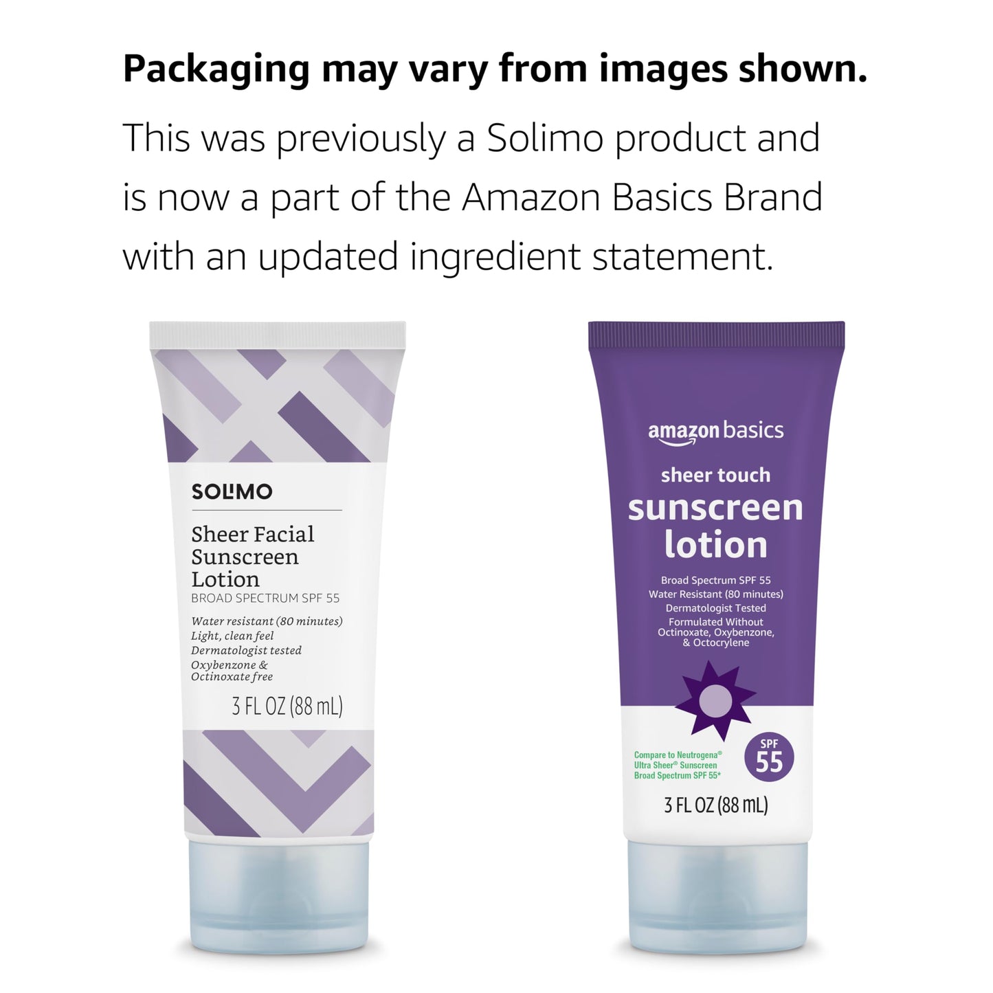 Amazon Basics Sheer Facial Sunscreen SPF 55, UVA/UVB Protection, Unscented, Lightweight, Water Resistant, Formulated without Octinoxate & Oxybenzone, 3 fl oz (Pack of 1) (Previously Solimo)