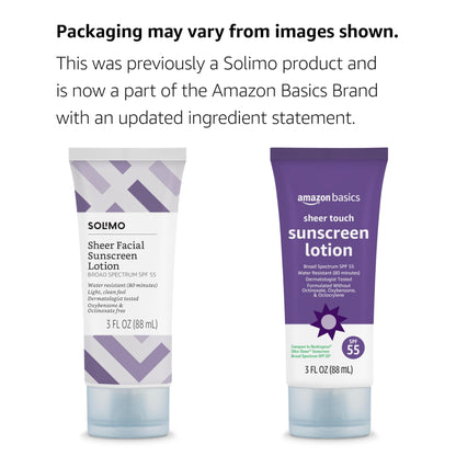 Amazon Basics Sheer Facial Sunscreen SPF 55, UVA/UVB Protection, Unscented, Lightweight, Water Resistant, Formulated without Octinoxate & Oxybenzone, 3 fl oz (Pack of 1) (Previously Solimo)