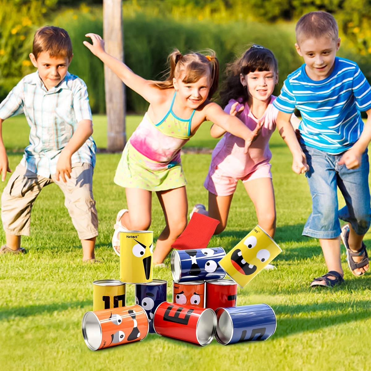 Harborii Halloween Bean Bag Toss Game for Kids & Family, Carnival Party Game with 10 Funny Face Cans & 4 Bean Bags