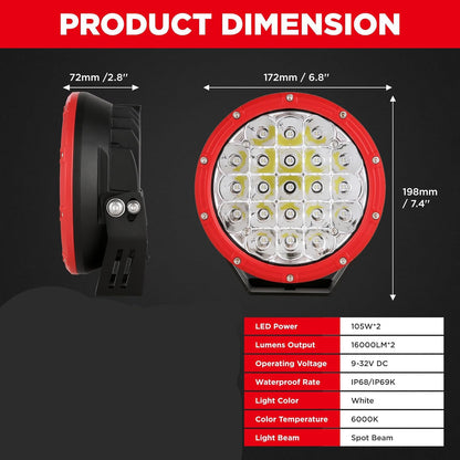 BIGLION.X 7Inch LED Round Offroad Lights Red 2pcs 210W 32000LM Spot Beam Driving Work Fog LED Off Road Lights ATV UTE SUV 4x4 Universal Fit