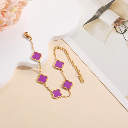 AIPPK 18K Gold Plated Clover Lucky Bracelet for Women White/Black/Red/Green Flower Four Leaf Link Bracelets Trendy Jewelry Gifts for Women (Purple)