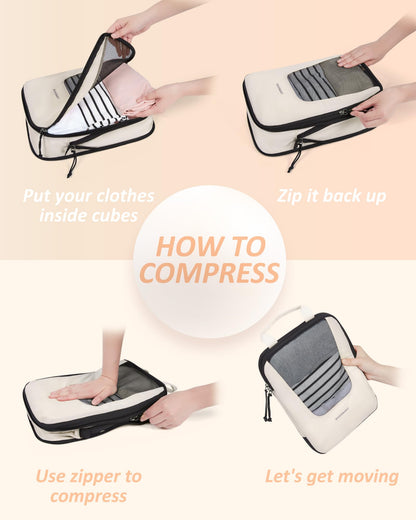 BAGSMART Compression Packing Cubes for Travel, 6 Set Packing Cubes for Suitcases, Lightweight Luggage Organizer Set Cubes for Business Essentials, Beige
