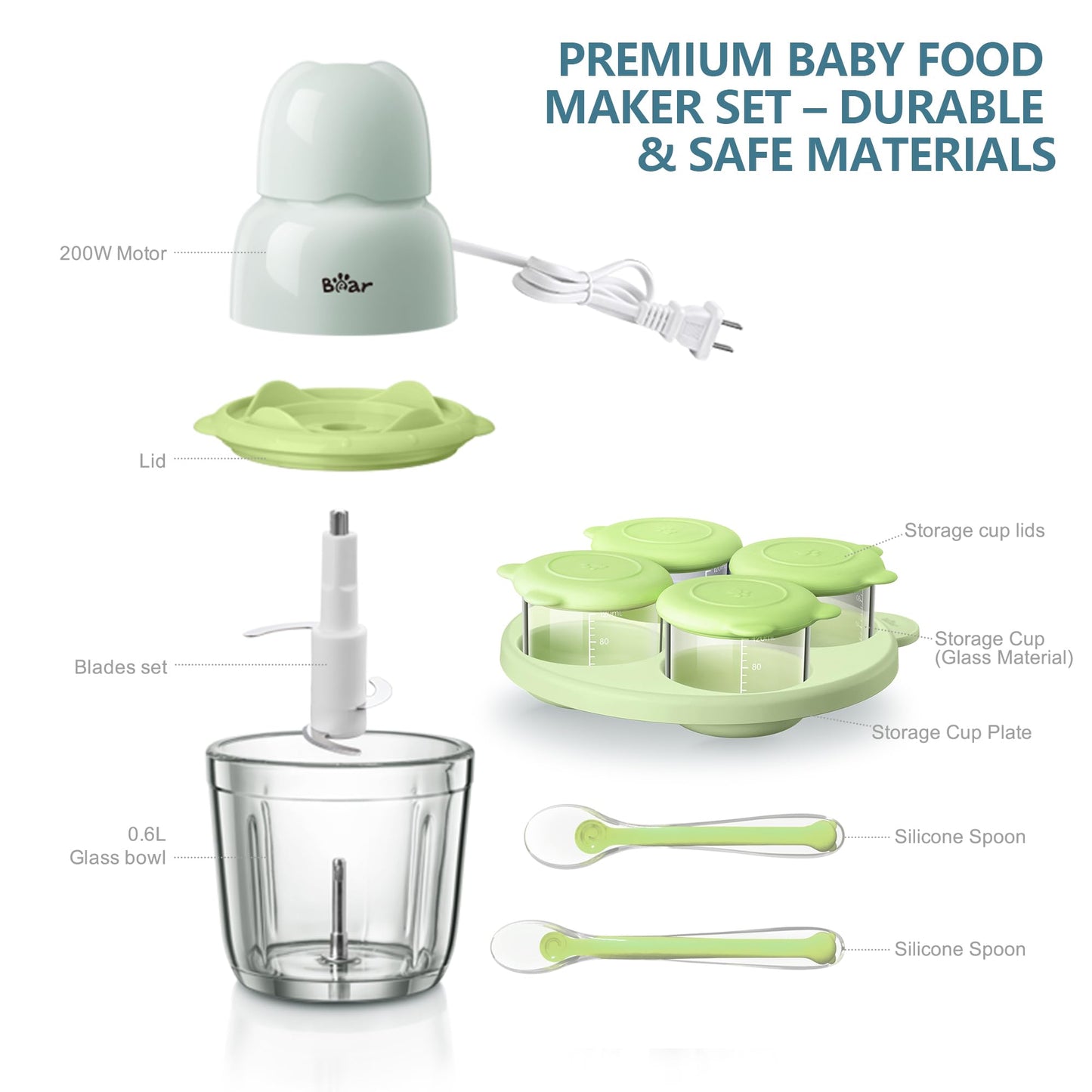 Bear Baby Food Maker, Baby Food Processor Set with Baby Food Containers, Silicone Spoons, Baby Food Puree Blender for Fruit, Vegetable, Meat, Make Fresh and Nutritious Meals for Your Little One
