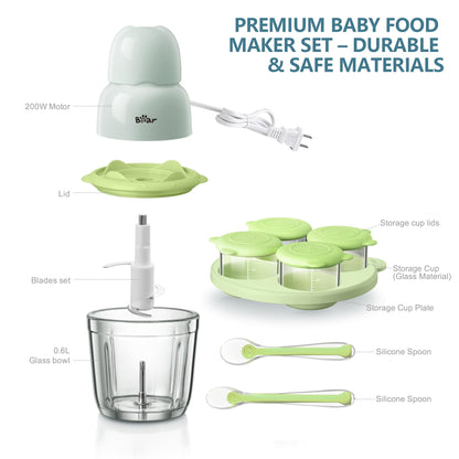 Bear Baby Food Maker, Baby Food Processor Set with Baby Food Containers, Silicone Spoons, Baby Food Puree Blender for Fruit, Vegetable, Meat, Make Fresh and Nutritious Meals for Your Little One