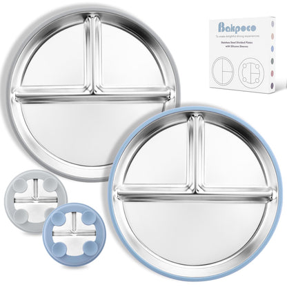 Bakpoco Stainless Steel Toddler Plate with Suction, 9” Divided Plates with Removable Silicone Sleeves for Kids, Non Toxic & BPA Free | Non Slip | Unbreakable Baby Snack Dishes Set of 2, Blue & Gray