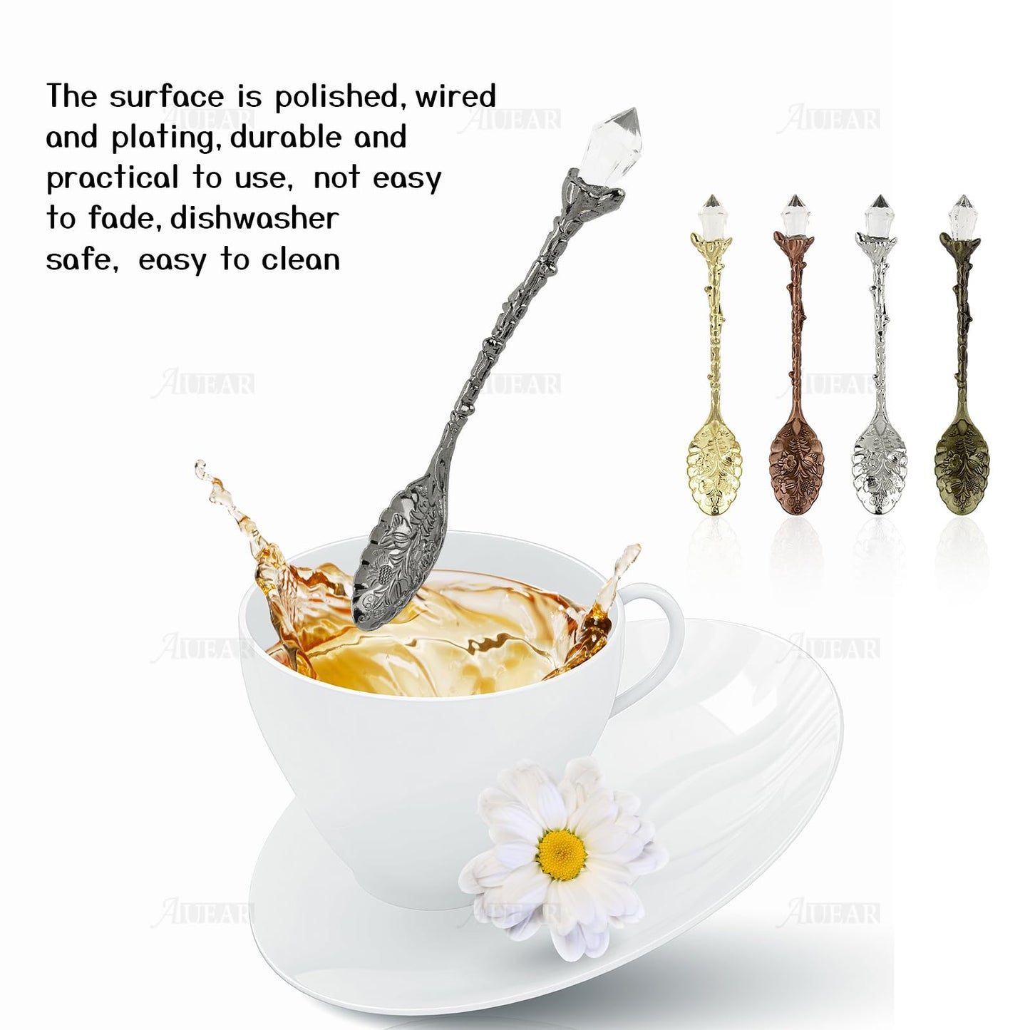 AUEAR, Retro Crystal Antique Alloy Spoon Coffee Tea Dessert Mini Ice Cream Decorative Spoons Set for Home Office (5 Pack)
