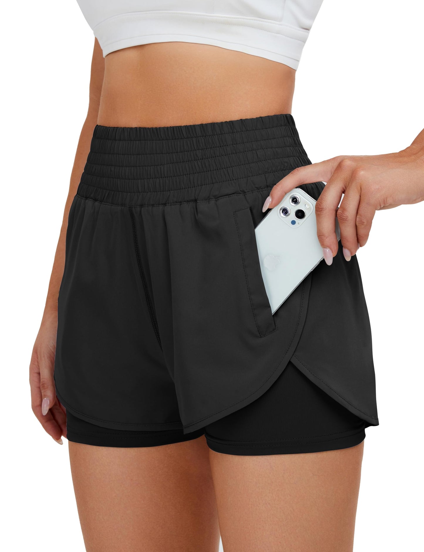 BMJL Women's Running Workout Shorts Elastic High Waist Pocket Short(M,Black359)