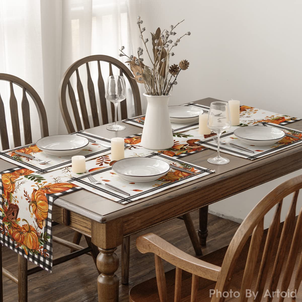 Artoid Mode Pumpkins Mushrooms Leaves Placemat for Dining Table, 12 x 18 Inch Fall Autumn Harvest Holiday Rustic Vintage Washable Table Mat Set of 4