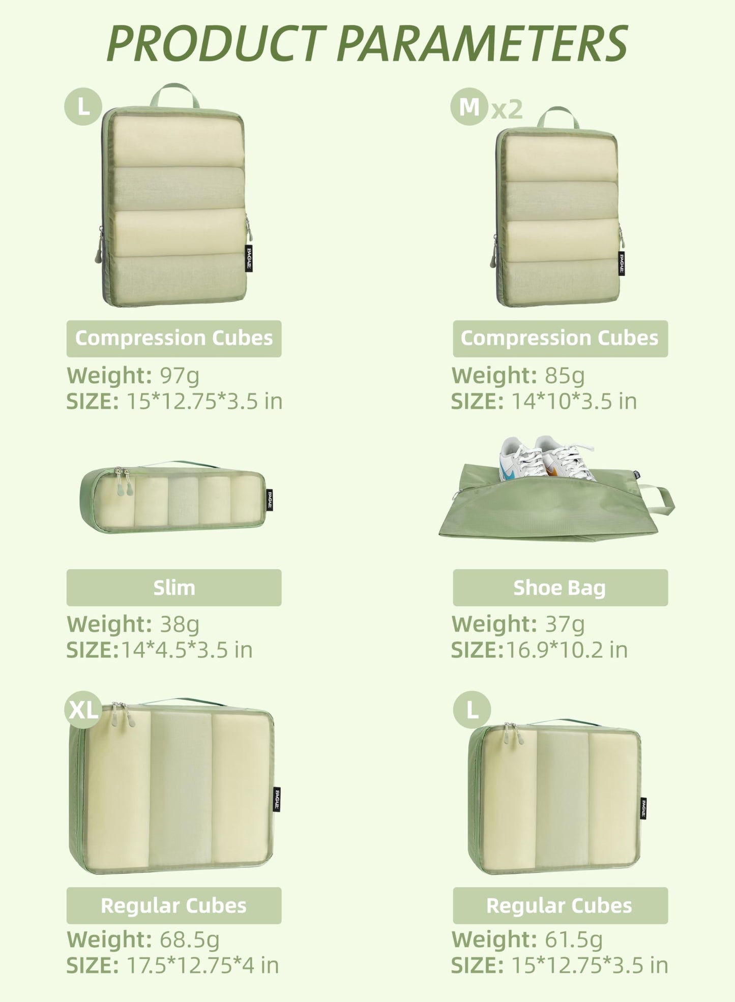 Bagail Ultralight Packing Cubes 7 Set, 3 Compression Packing Cubes 3 Packing Organizers With 1 Shoe Bag-Matcha Mesh