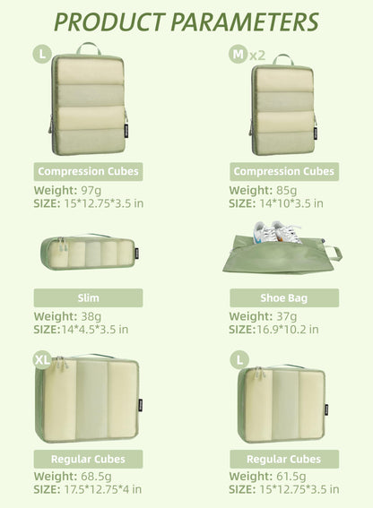 Bagail Ultralight Packing Cubes 7 Set, 3 Compression Packing Cubes 3 Packing Organizers With 1 Shoe Bag-Matcha Mesh